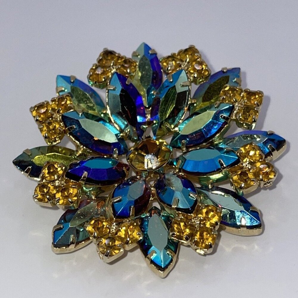 VTG High End Inverted Blue Aurora Borealis Yellow Navette Brooch Pin Starburst
